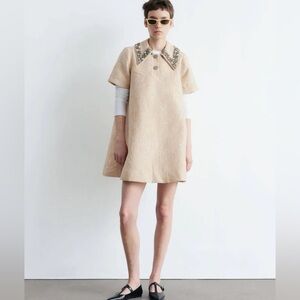 & Other Stories jacquard mini swing dress with embellished collar GOLD-Size US 6